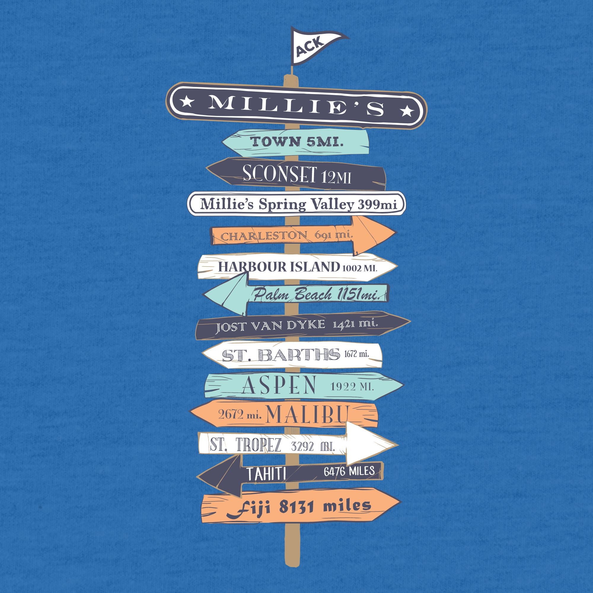 Millie's Nantucket Sign Post Royal Blue Adult Short Sleeve T-Shirt